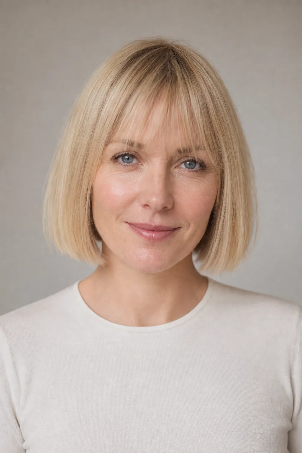 Blunt bob with wispy bangs on fine light-blond hair
