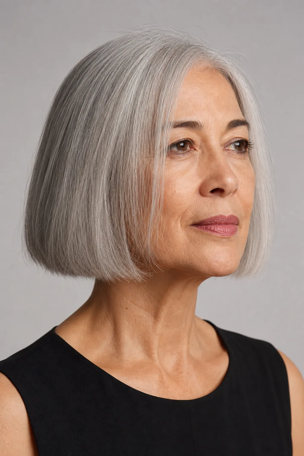 Blunt chin bob with a dense one-line perimeter on fine thin silver hair over 60