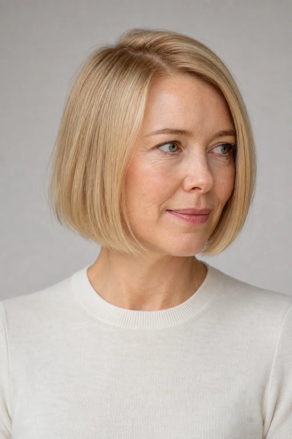 Blunt chin bob with a deep side part on fine straight blond hair