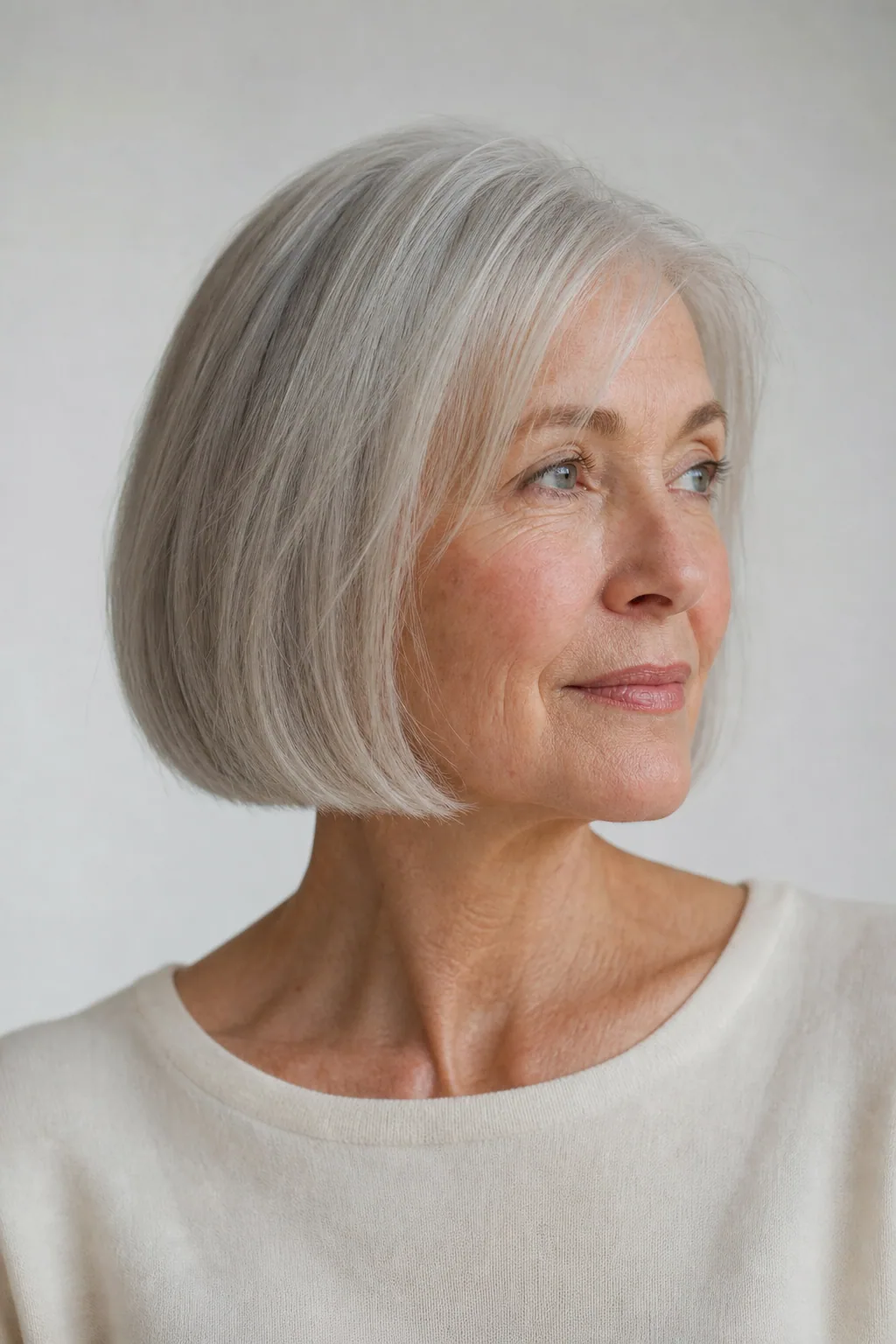 Blunt chin-length bob with a dense perimeter line on fine thin silver hair over 60
