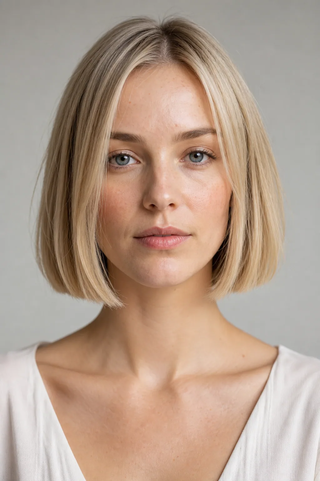 Blunt chin-length bob with a strong dense hemline on fine straight thin hair