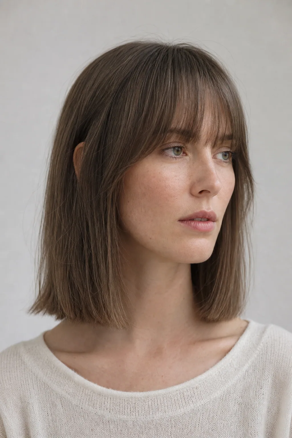 Fine hair in a blunt collarbone cut with a soft curtain fringe on a long face, three-quarter view