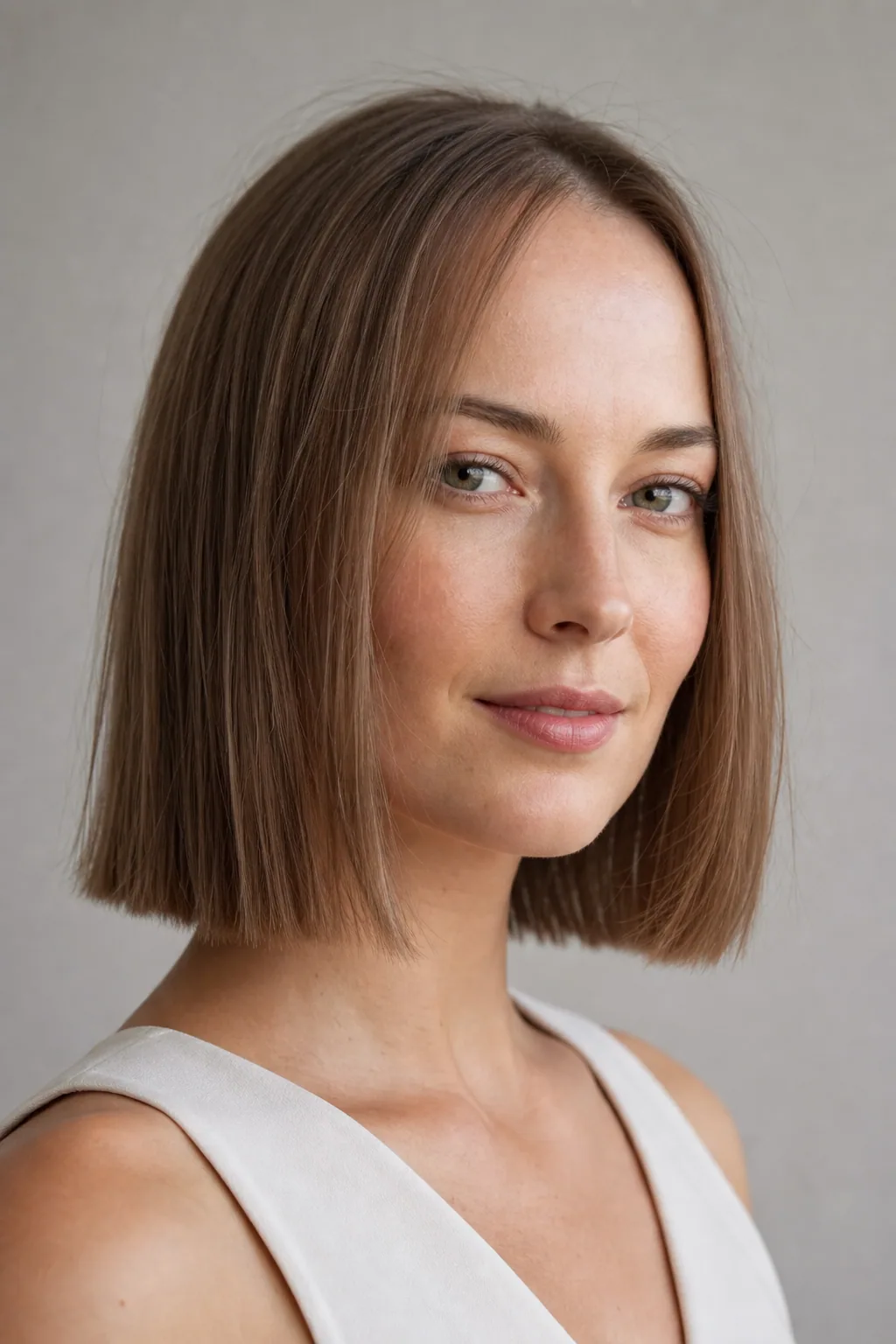 Fine hair in a blunt collarbone cut with an unbroken hemline and off-center part, heart-shaped face, three-quarter view