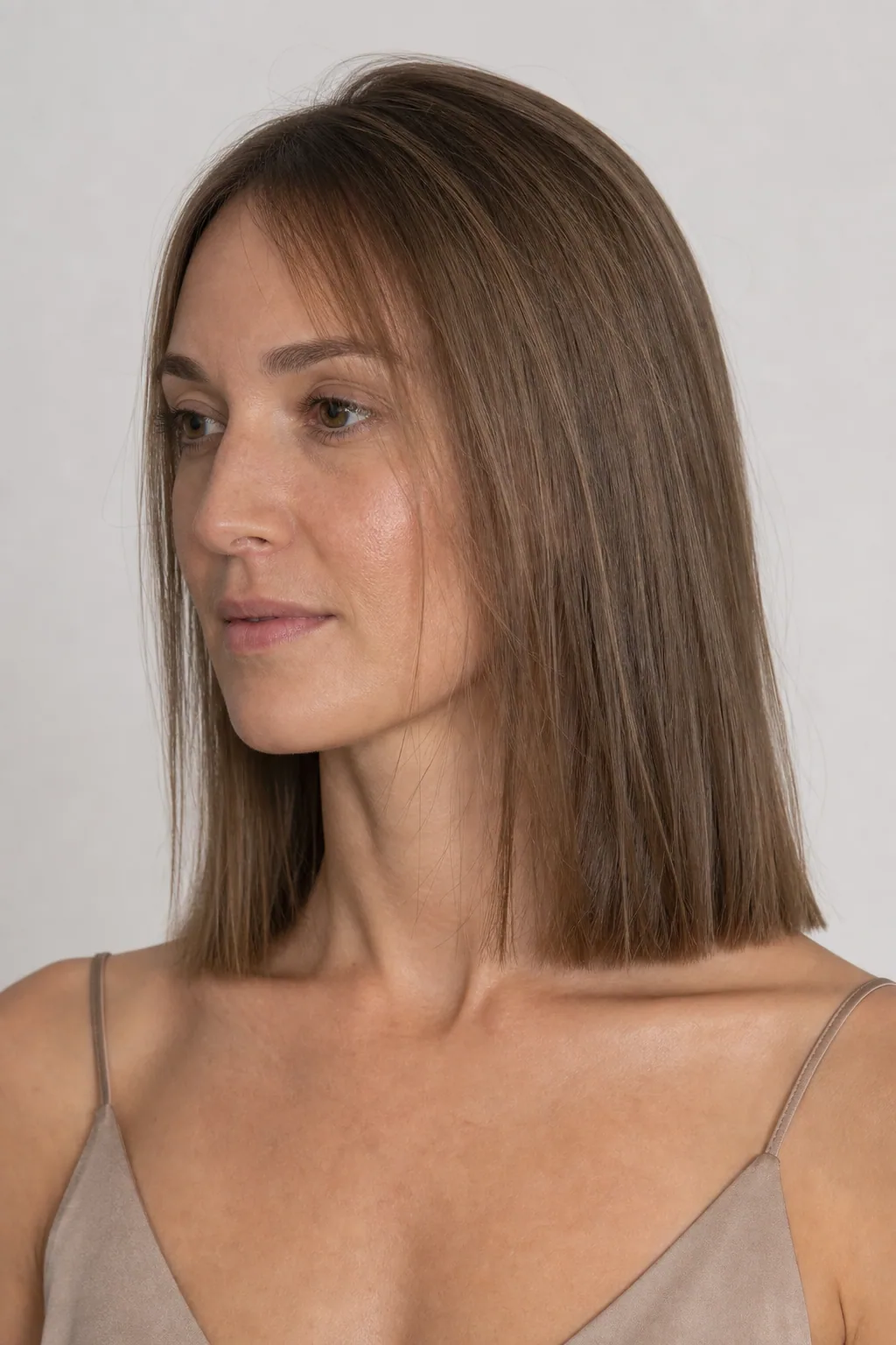 Blunt collarbone-length cut with a hard, dense perimeter on fine light-brown hair, woman with an oval face