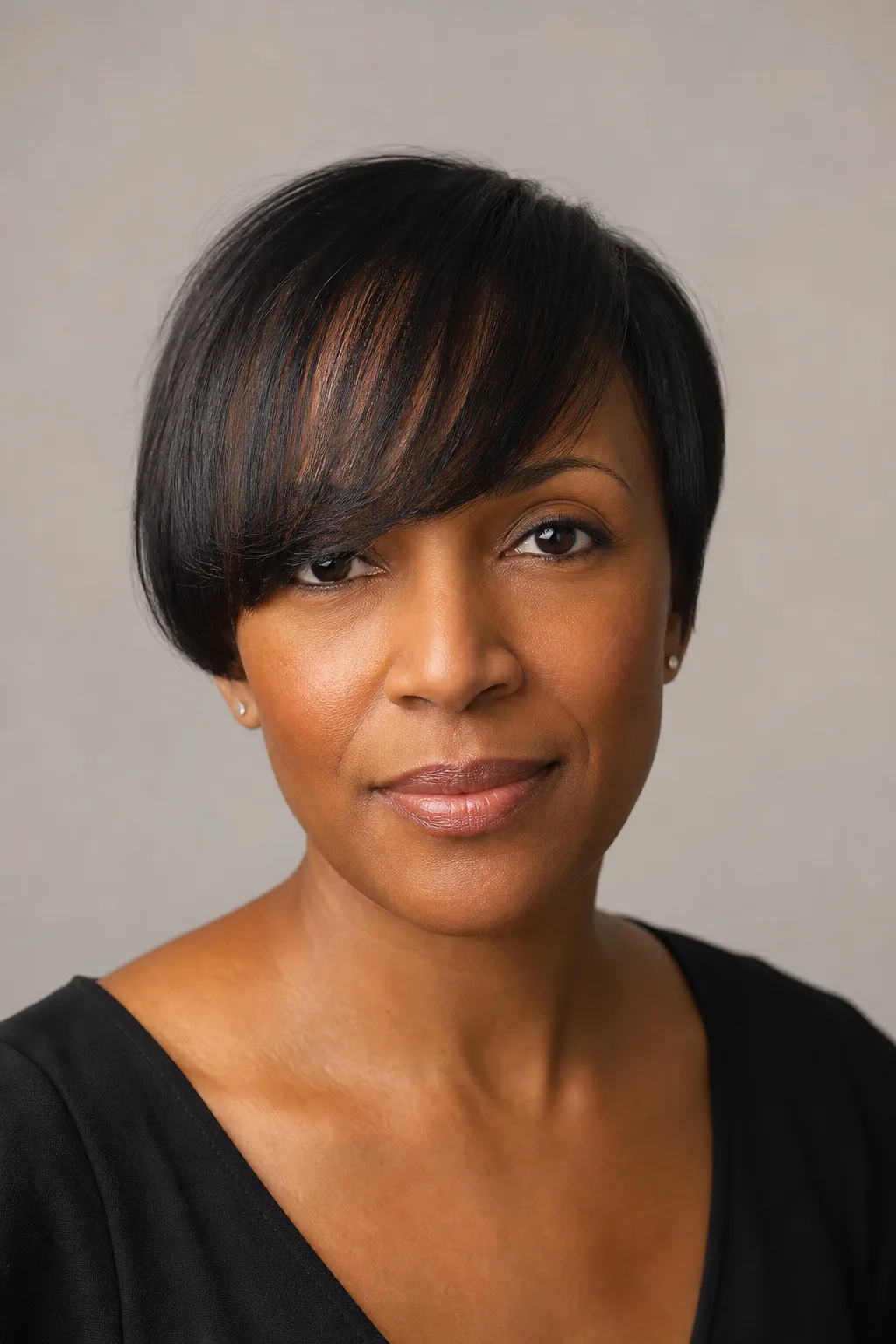 Side-swept fringe with a solid unfeathered edge on fine dark hair, front view showing a clean line
