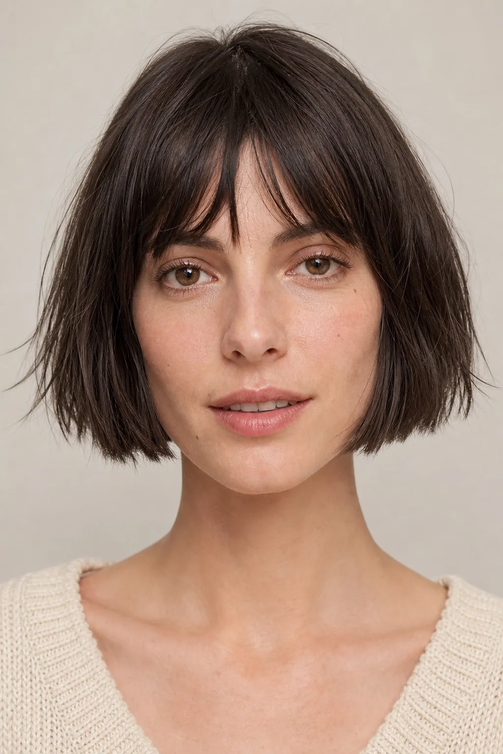 Blunt cheekbone-length French bob air-dried piece-y on fine hair