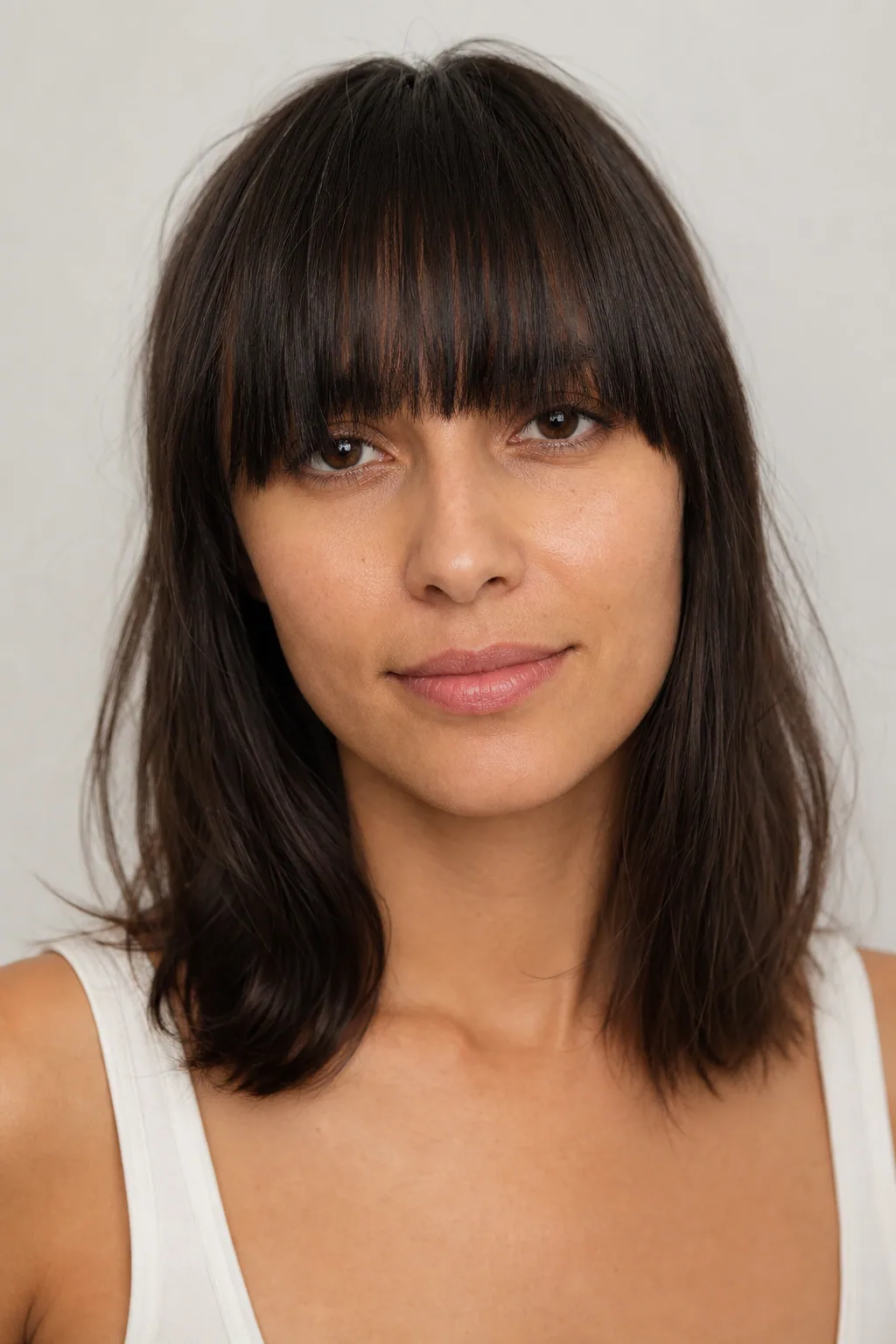 Blunt straight-across full fringe covering the forehead on fine dark-brown hair, woman with an oval face