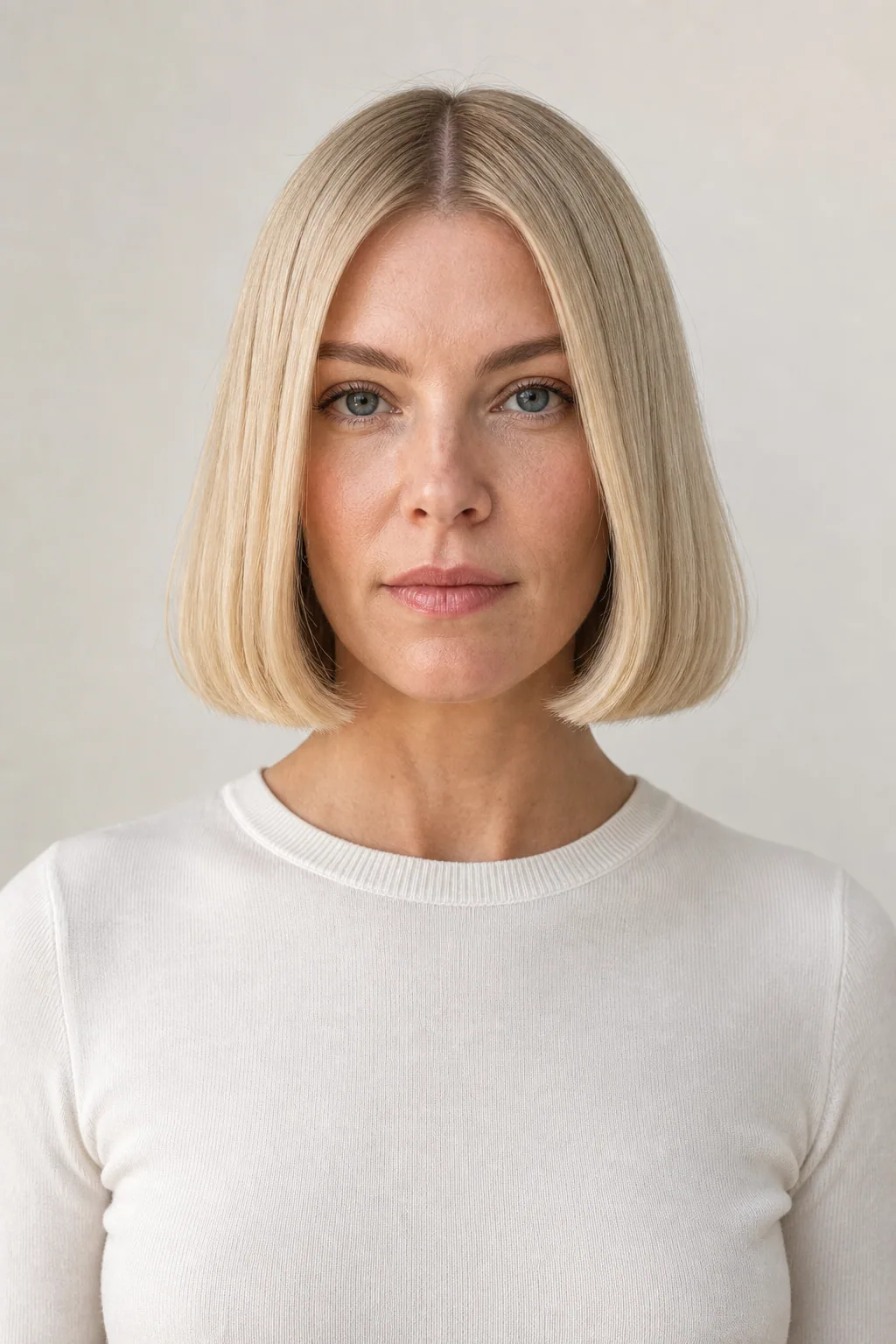 Blunt Italian bob with a solid perimeter on fine light-blond hair