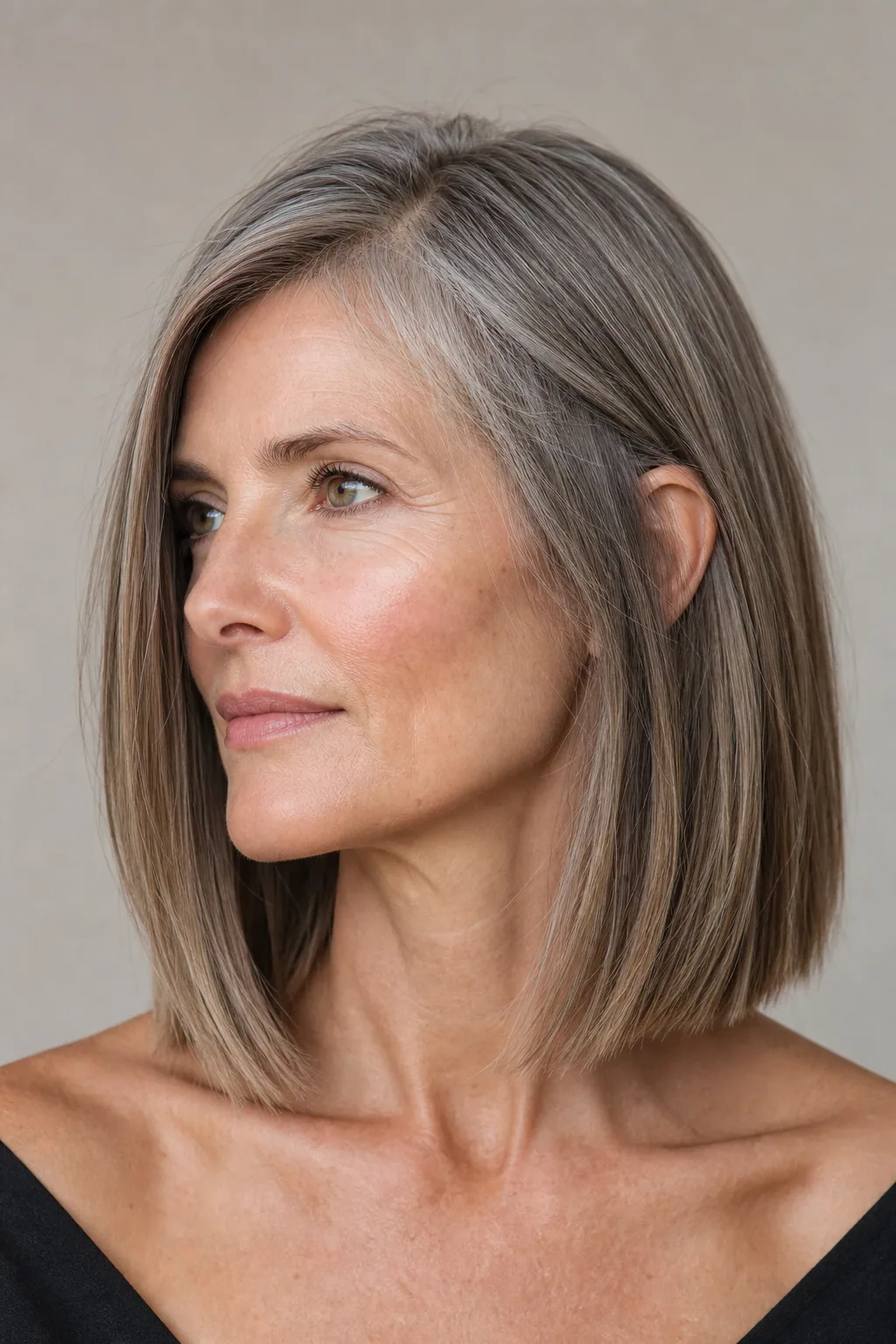 Fine hair in a blunt lob landing well below the jaw at the collarbone, strong hemline, off-center part, three-quarter view
