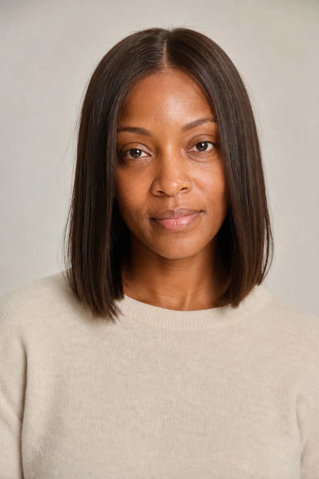 Blunt collarbone lob with a one-length hem on fine straight dark-brown hair