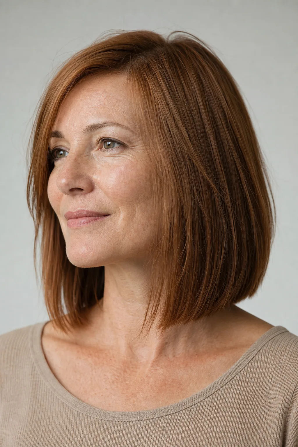 Fine hair in a blunt lob just above the collarbone with internal layers, worn straight with body, three-quarter view