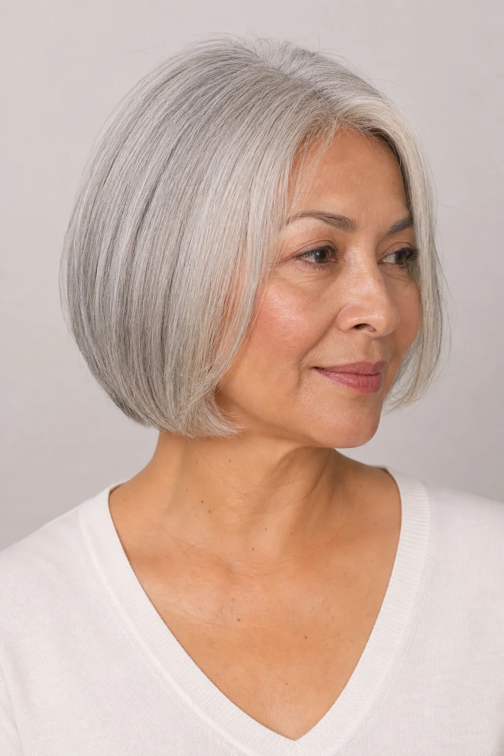 Rounded blunt lob with a soft polished finish on mature fine grey hair