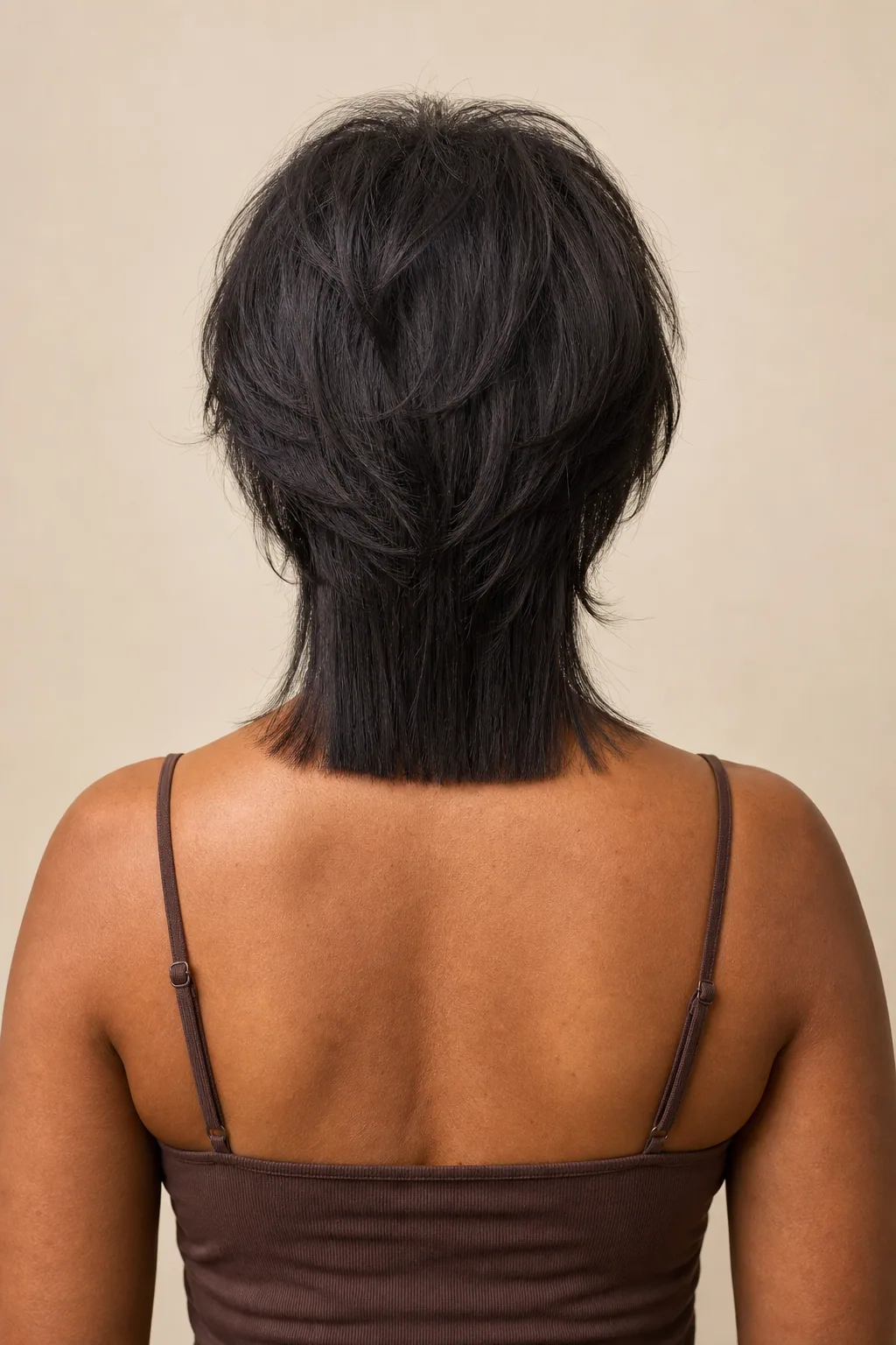 Blunt-tail mullet on fine dark hair, textured crown layers above a solid straight-across tail, back view