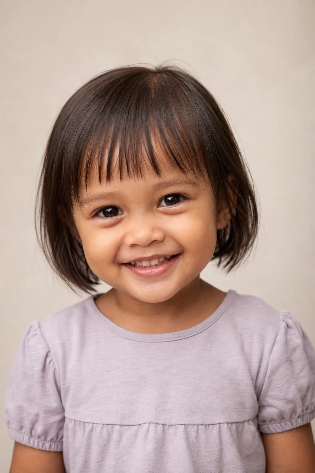 Toddler girl with a chin-length bob and blunt bangs on fine dark-brown hair