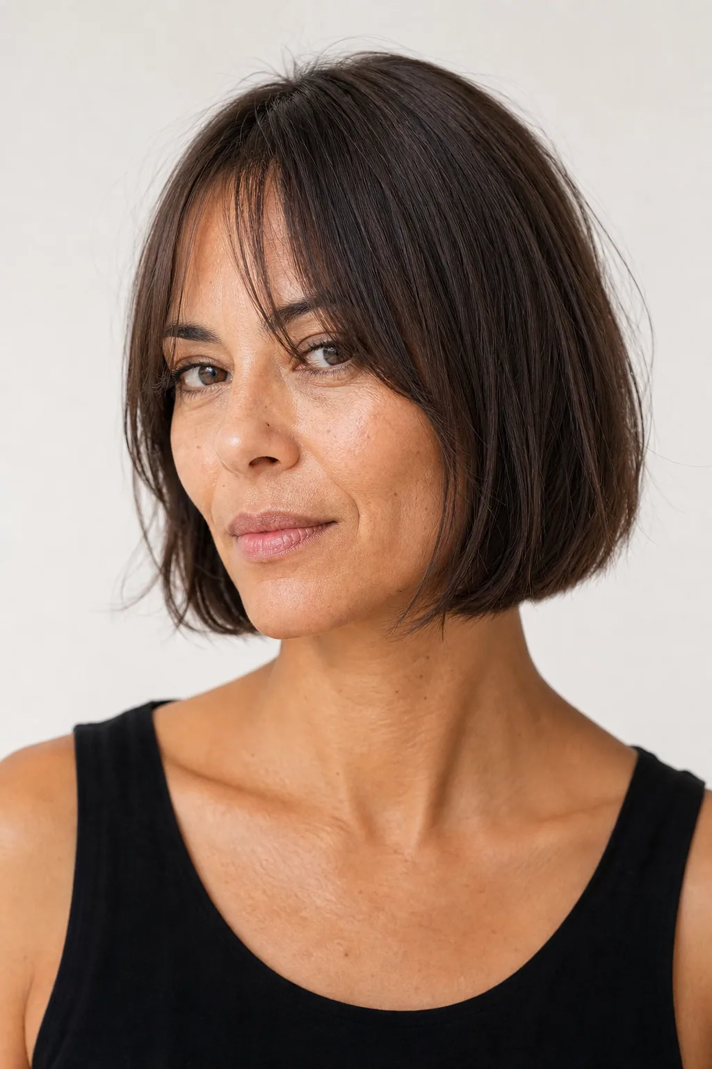 Chin-length bob with soft curtain bangs framing the face on fine straight hair