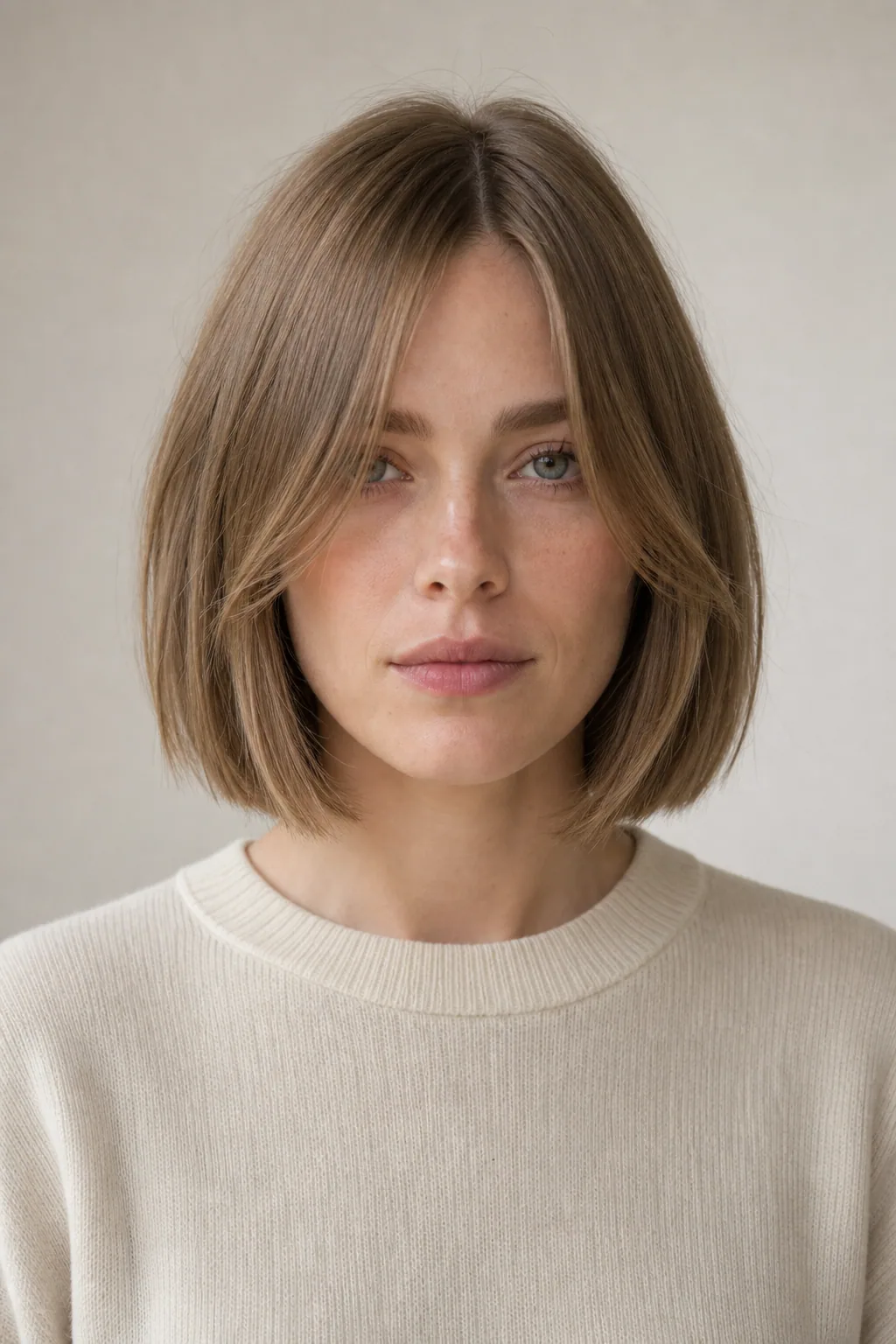 Jaw-length bob with curtain bangs on fine straight light-brown hair