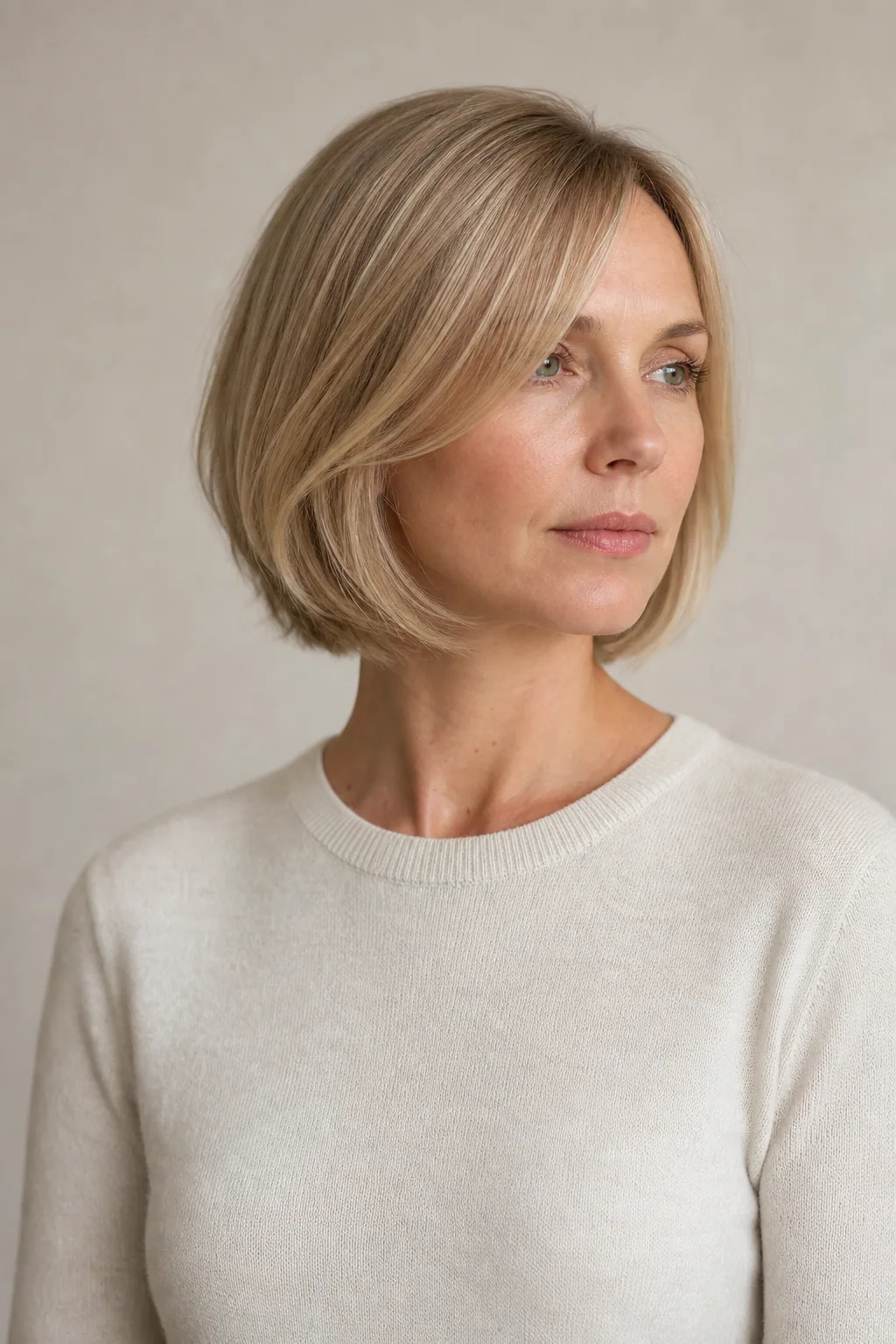 Bob with long cheekbone-length side bangs on fine blond hair