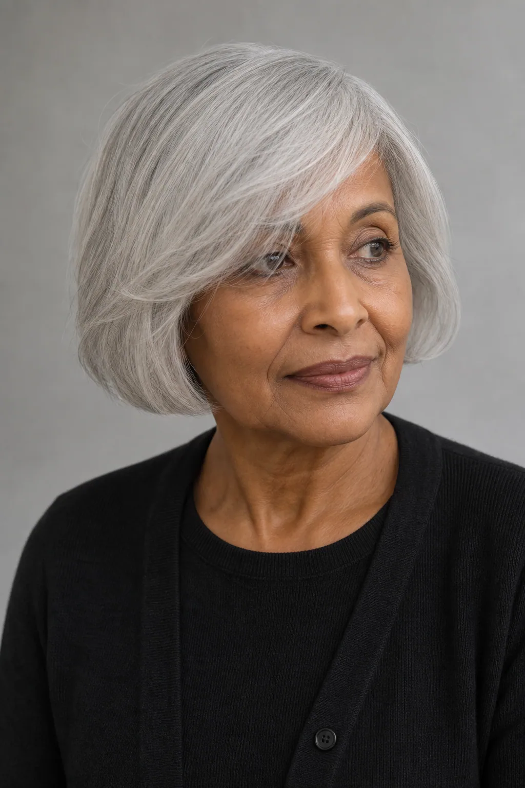Soft bob with long side-swept bangs on fine silver hair over 60