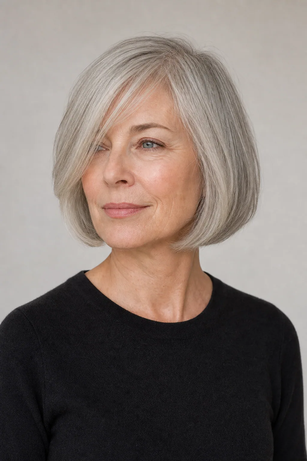 Chin-length bob with side-swept bangs on fine silver hair over 50