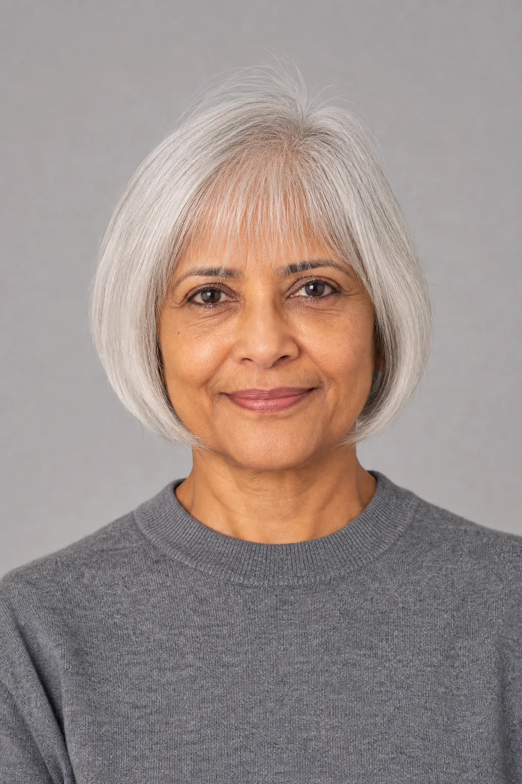Jaw-length bob with wispy bangs on fine white hair over 60