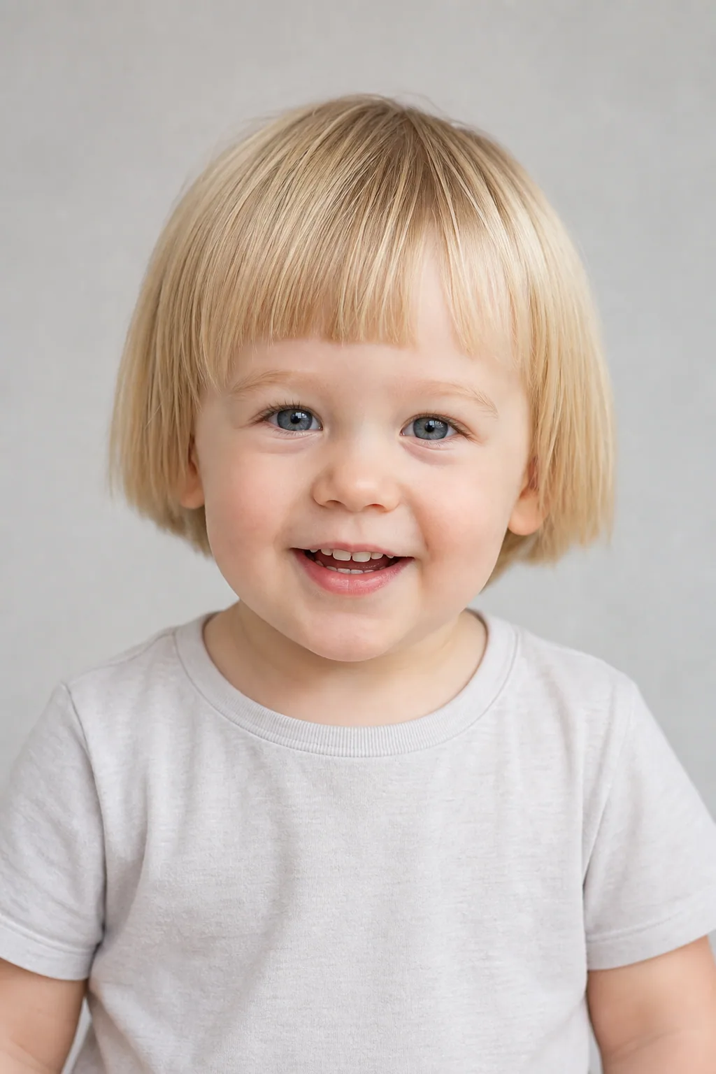 Toddler boy with a soft rounded bowl cut on fine straight blond hair