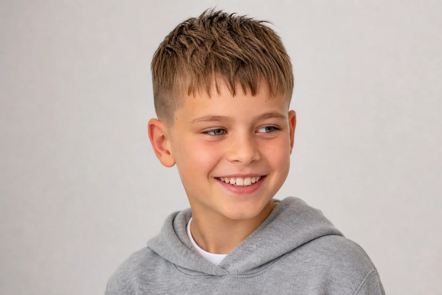 Ten-year-old boy with a short textured crop on thin, fine hair