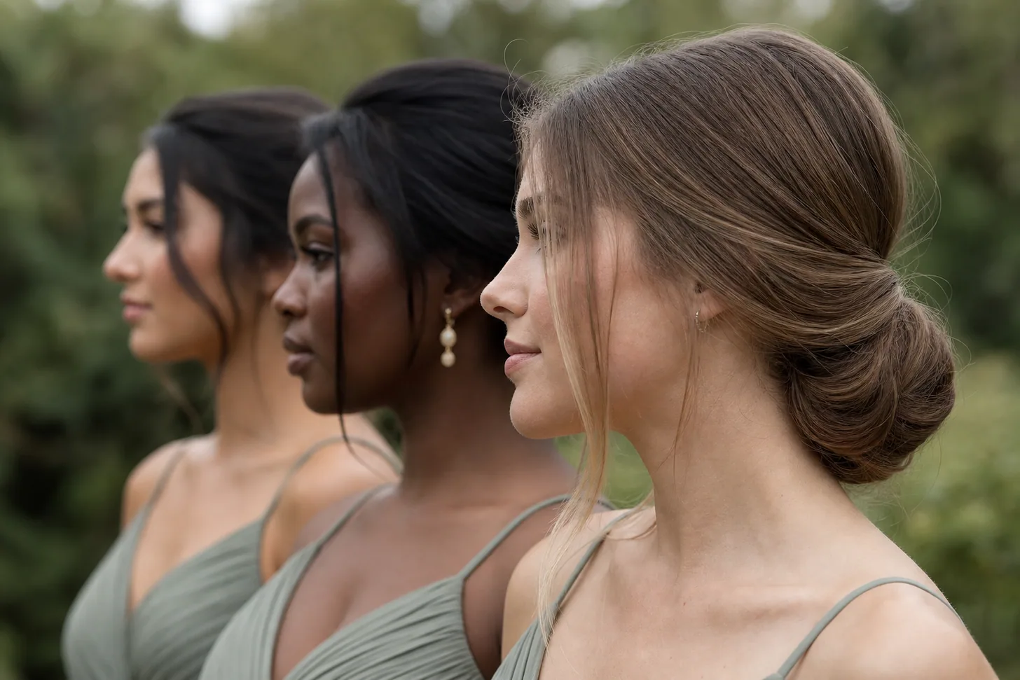 Three bridesmaids in sage dresses, the nearest wearing fine hair in a soft low knot with height at the crown