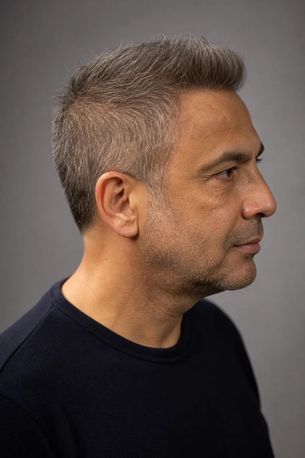 Short brush cut with the top brushed upward on thinning grey-brown hair