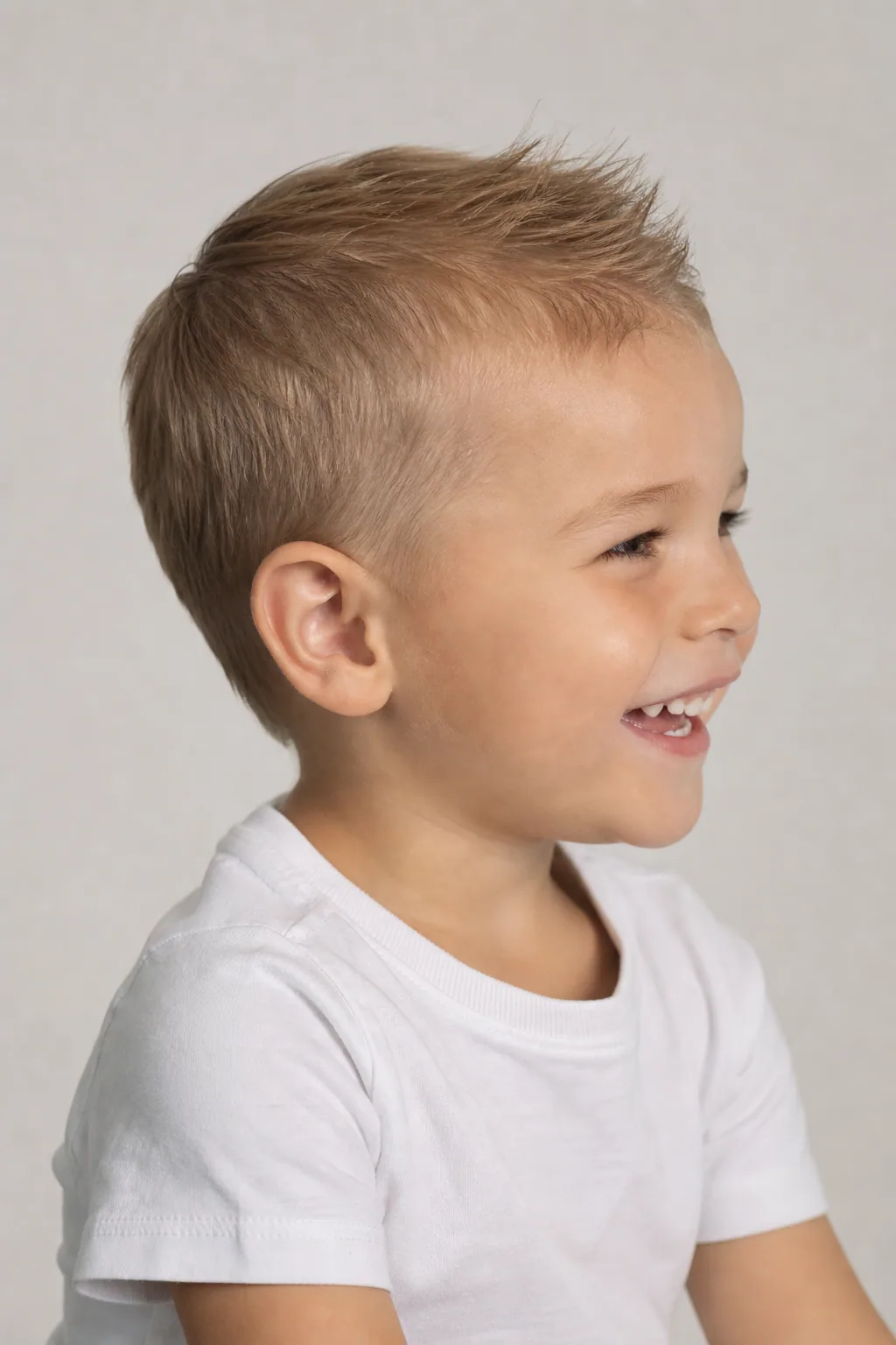 Young boy with a short brushed-up top on fine dark-blond hair