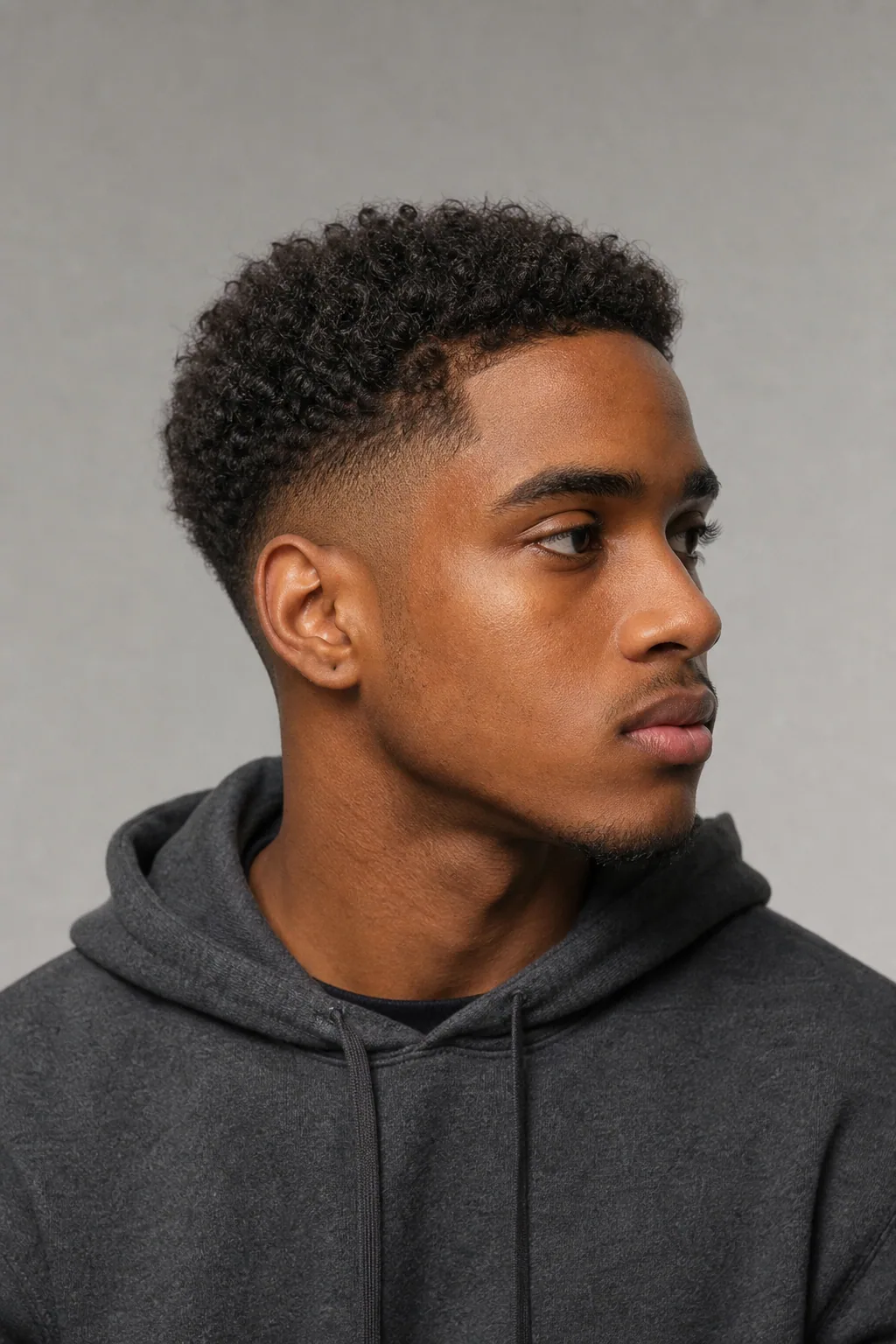 Burst fade with short defined curls on fine, thin curly hair