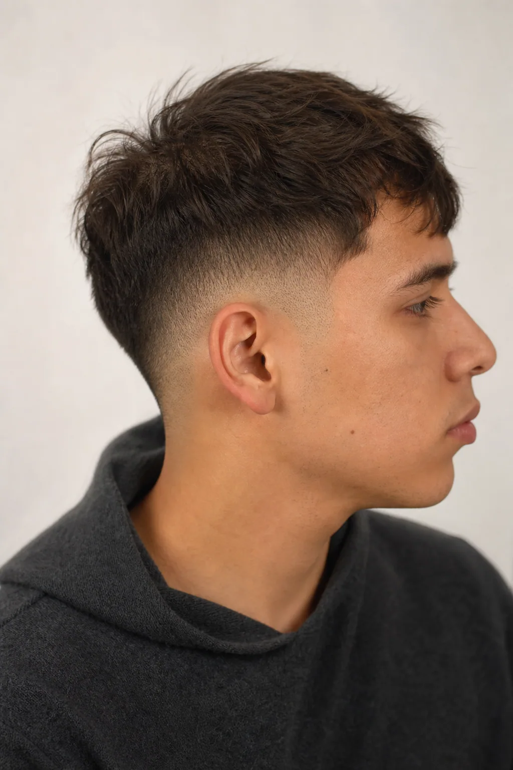 Burst fade around the ear with a textured top on fine, thin hair
