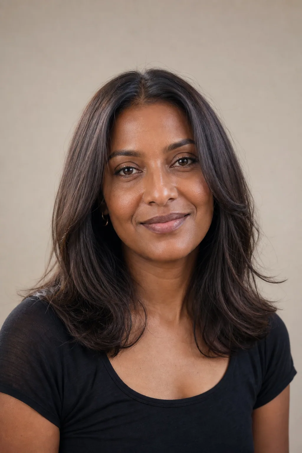 Center-parted butterfly cut with symmetric face-framing layers on fine hair