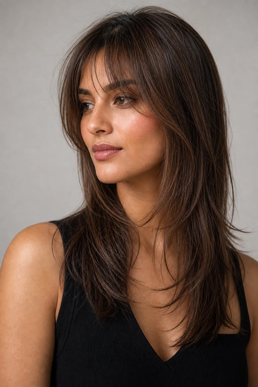 Classic long butterfly cut with short face-framing layers over long length on fine hair
