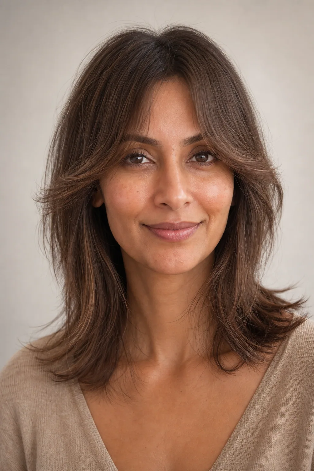 Butterfly cut with curtain bangs blending into face-framing layers on fine hair
