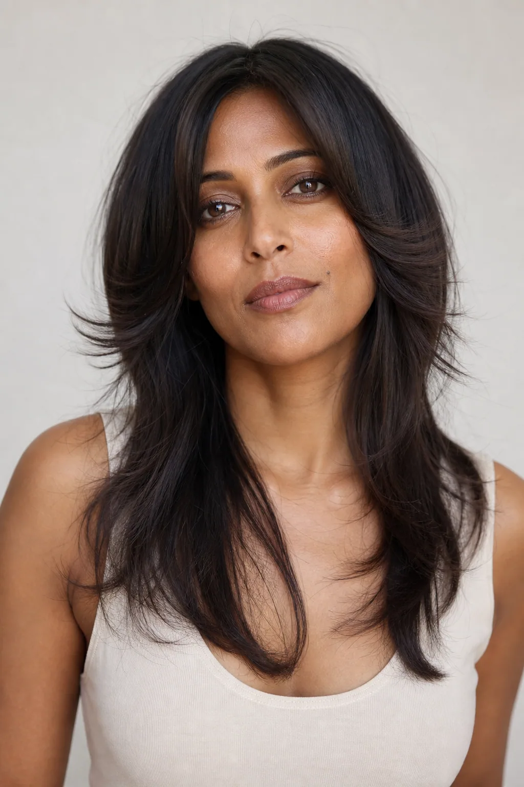 Butterfly cut with cheekbone-length face-framing layers flicked back on fine hair