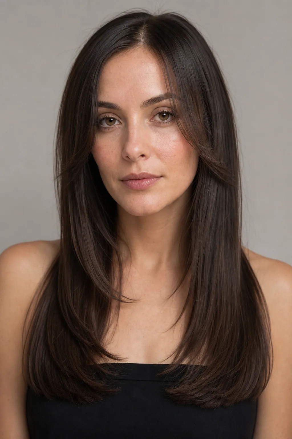 Sleek straight butterfly cut with smooth flicked layers on fine hair