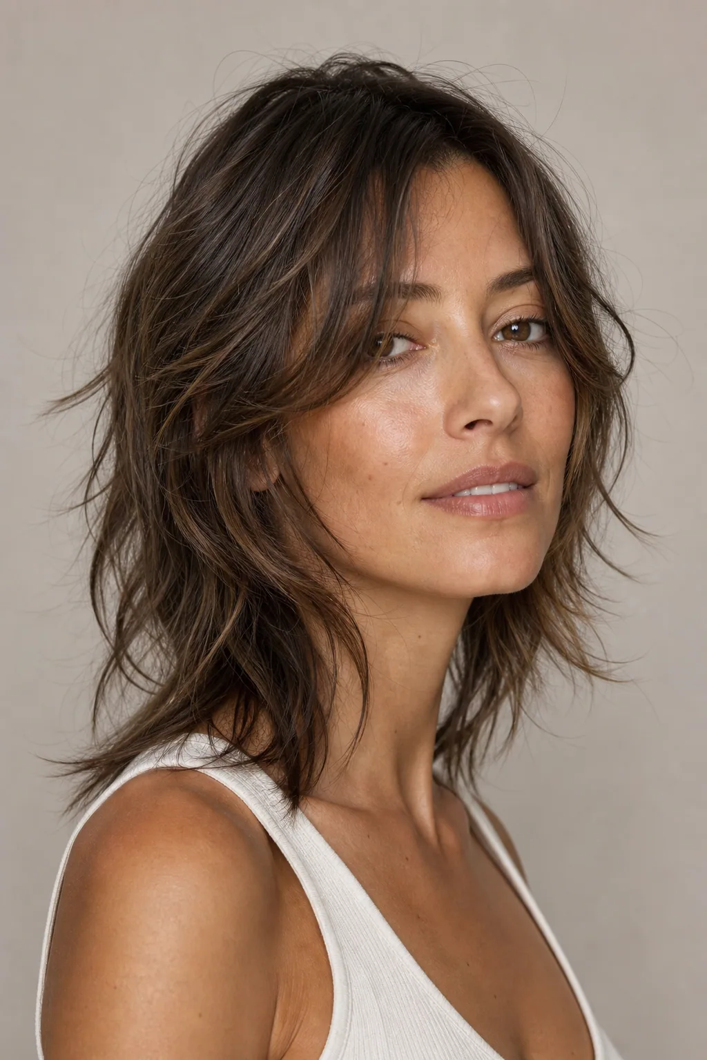 Tousled undone butterfly cut with piece-y textured layers on fine hair