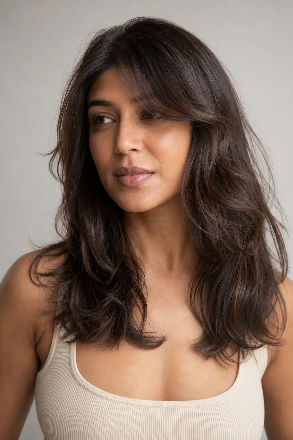 Wavy butterfly cut with natural bend enhancing the layers on fine hair