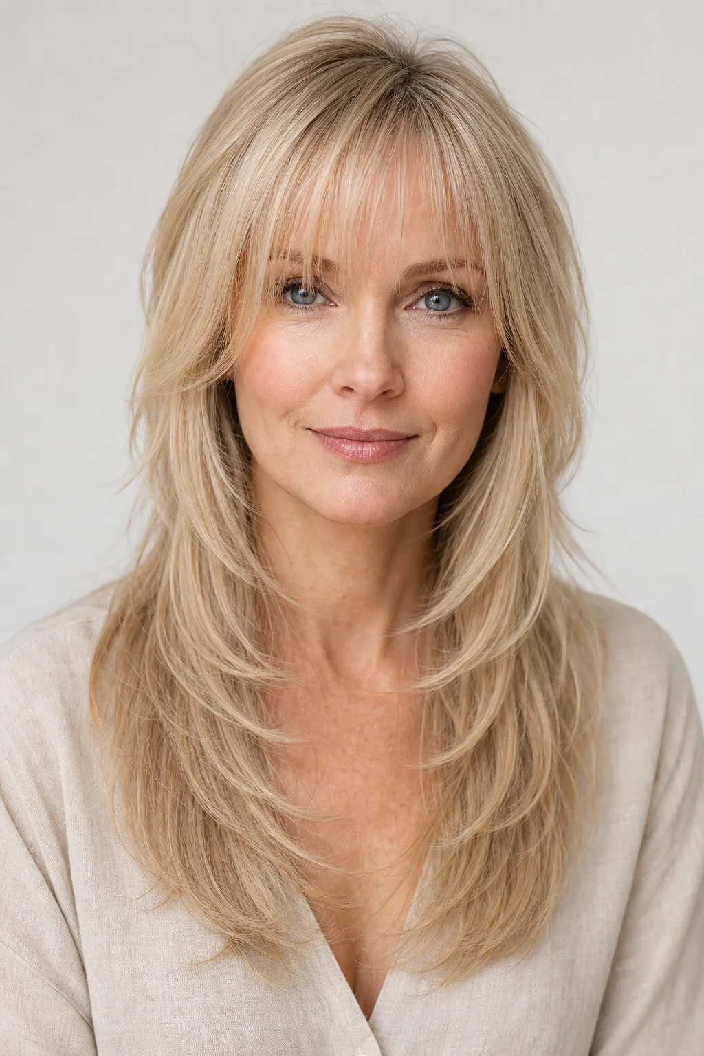 Butterfly cut with a wispy fringe over long layers on fine hair