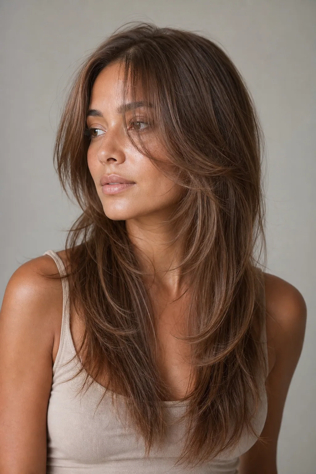Butterfly-layered long hair with short face-framing layers over long lengths on fine hair