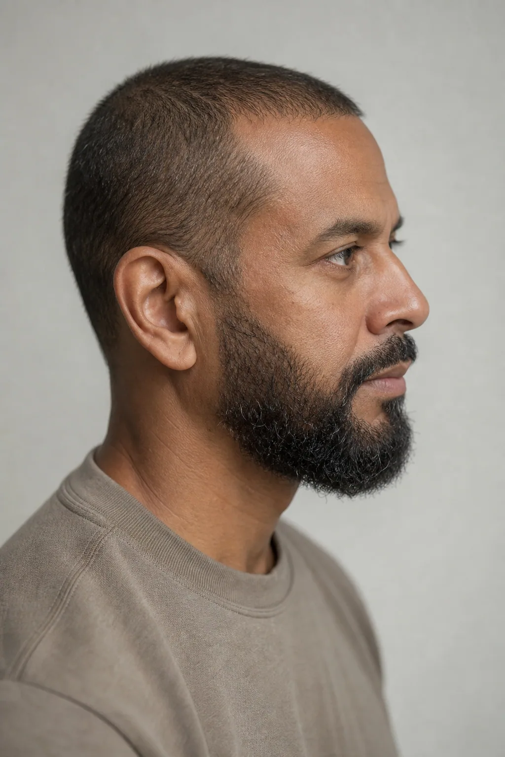 Short buzz cut paired with a full, shaped beard on a man with thin hair