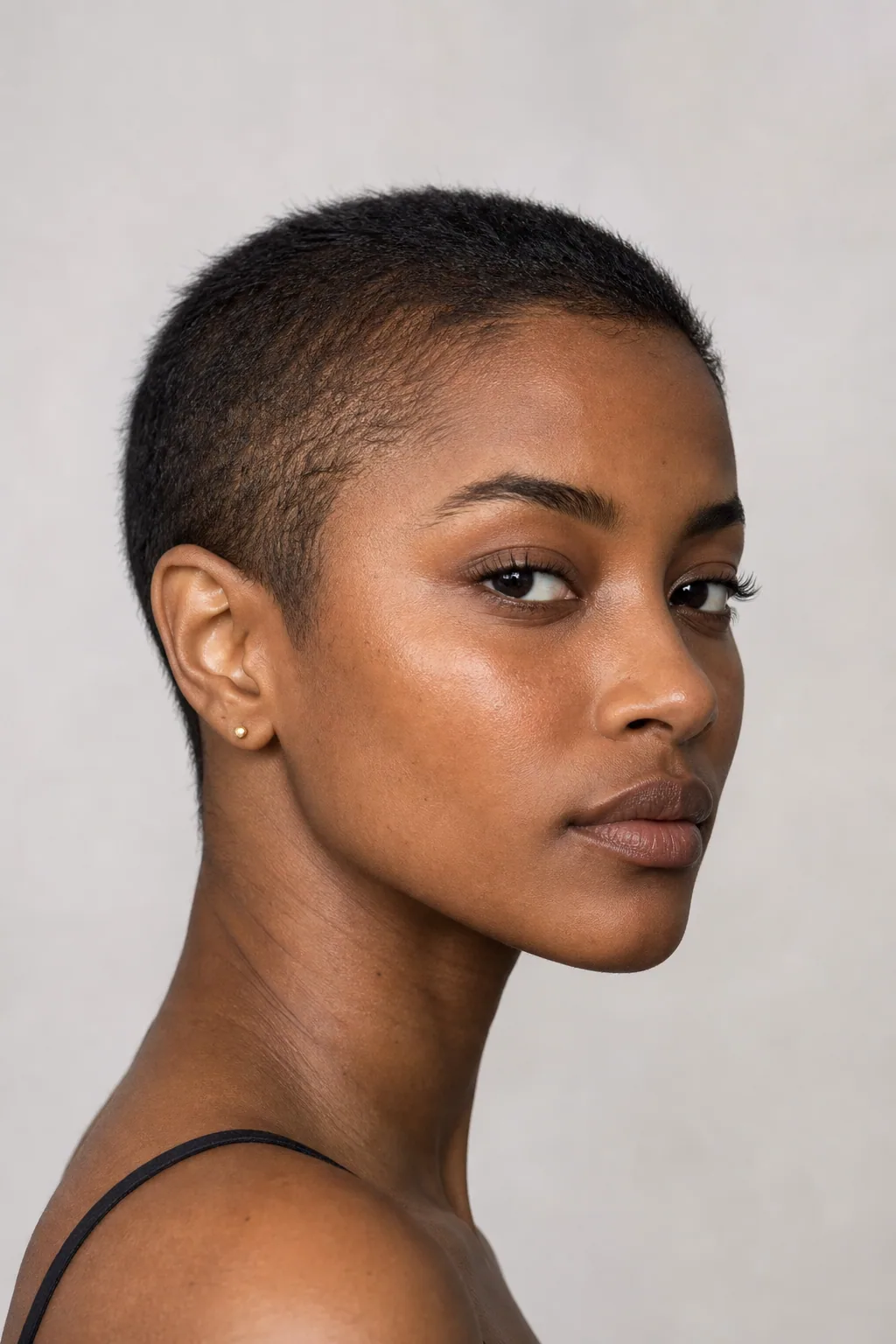 Very short buzz with slightly longer top than sides, fine hair, subtle taper at the temples