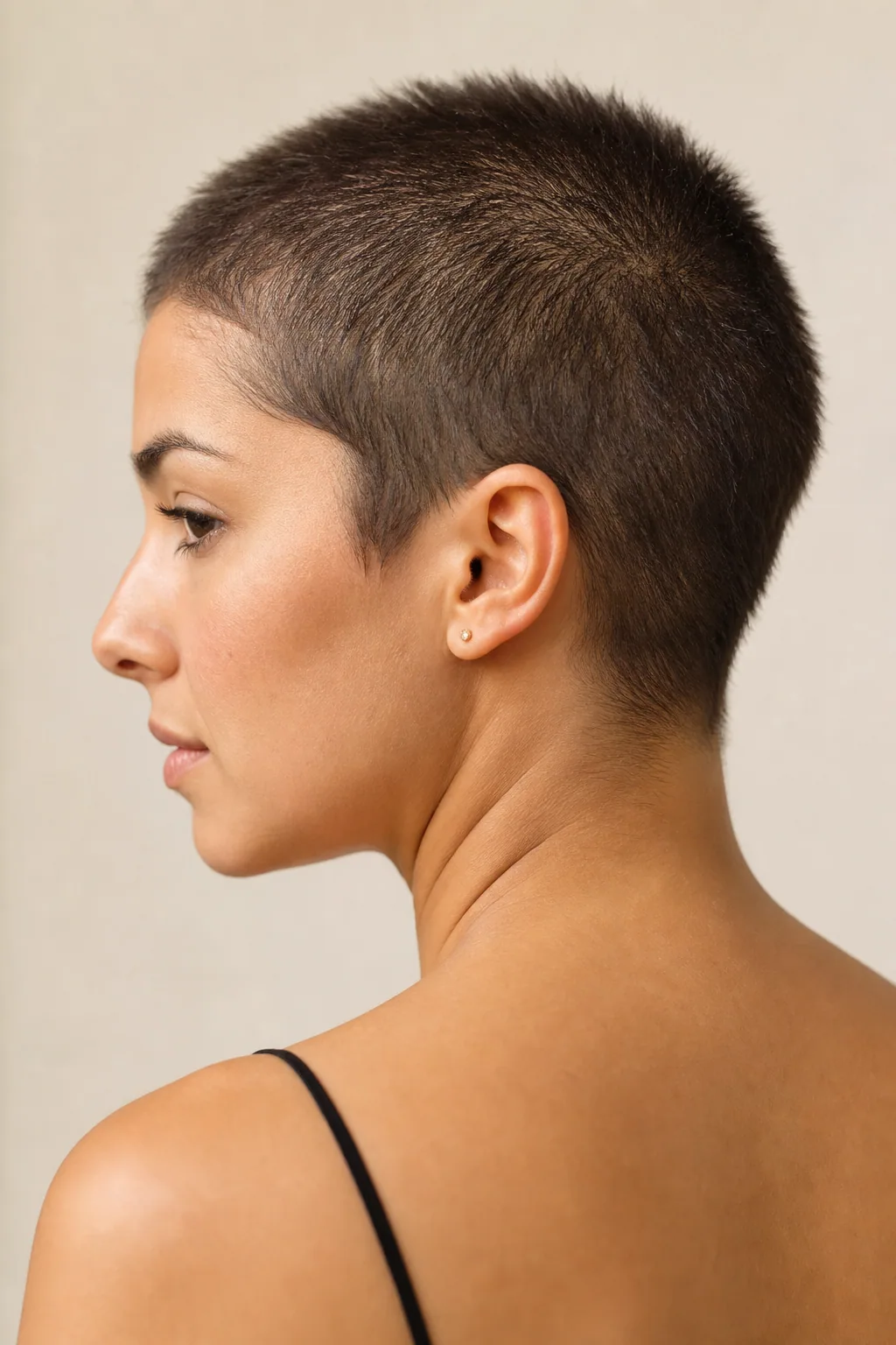 Buzz cut with a soft natural hairline left intact at the nape and around the ears, fine hair