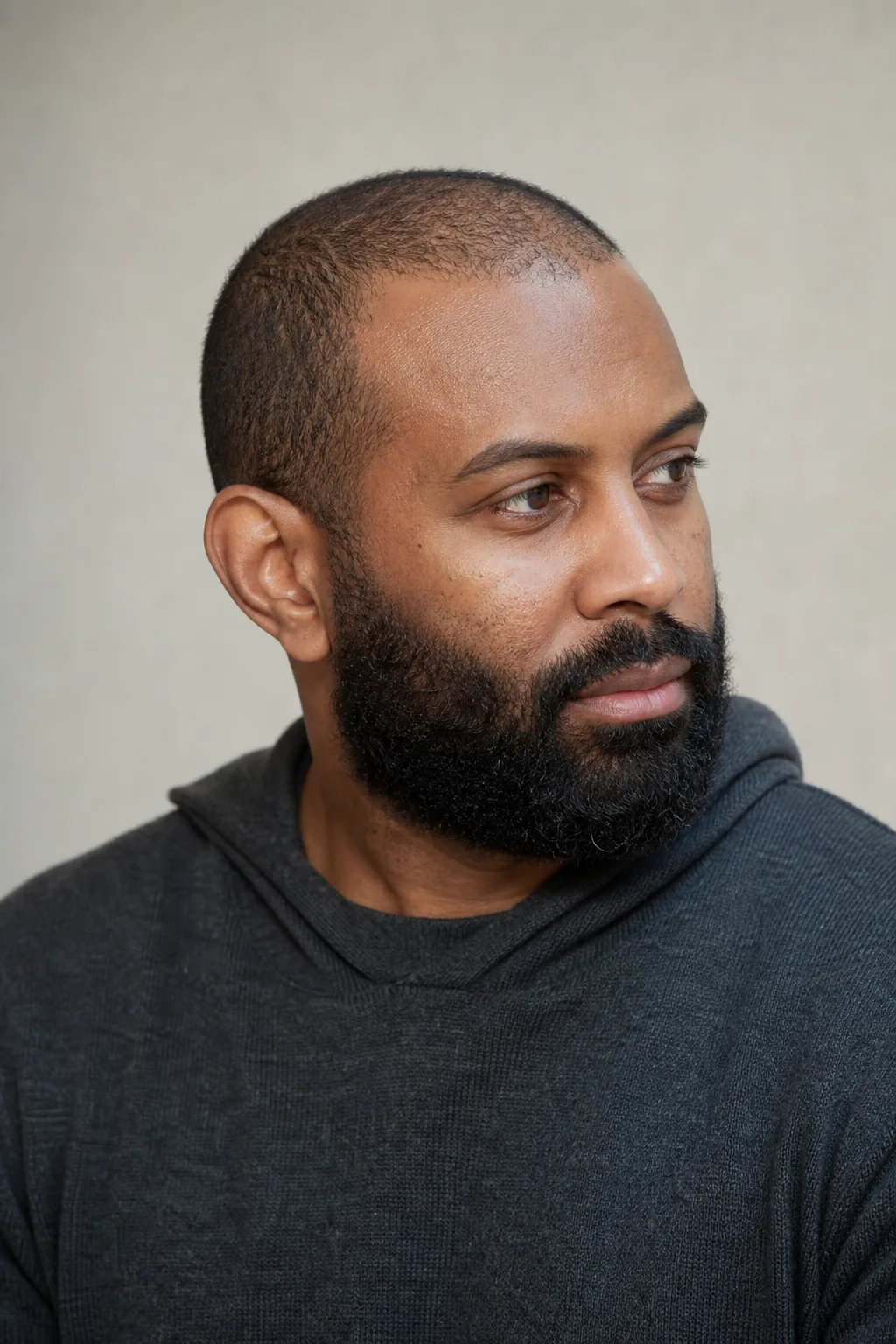 Number 2 buzz cut with a full shaped beard on a man with thinning hair