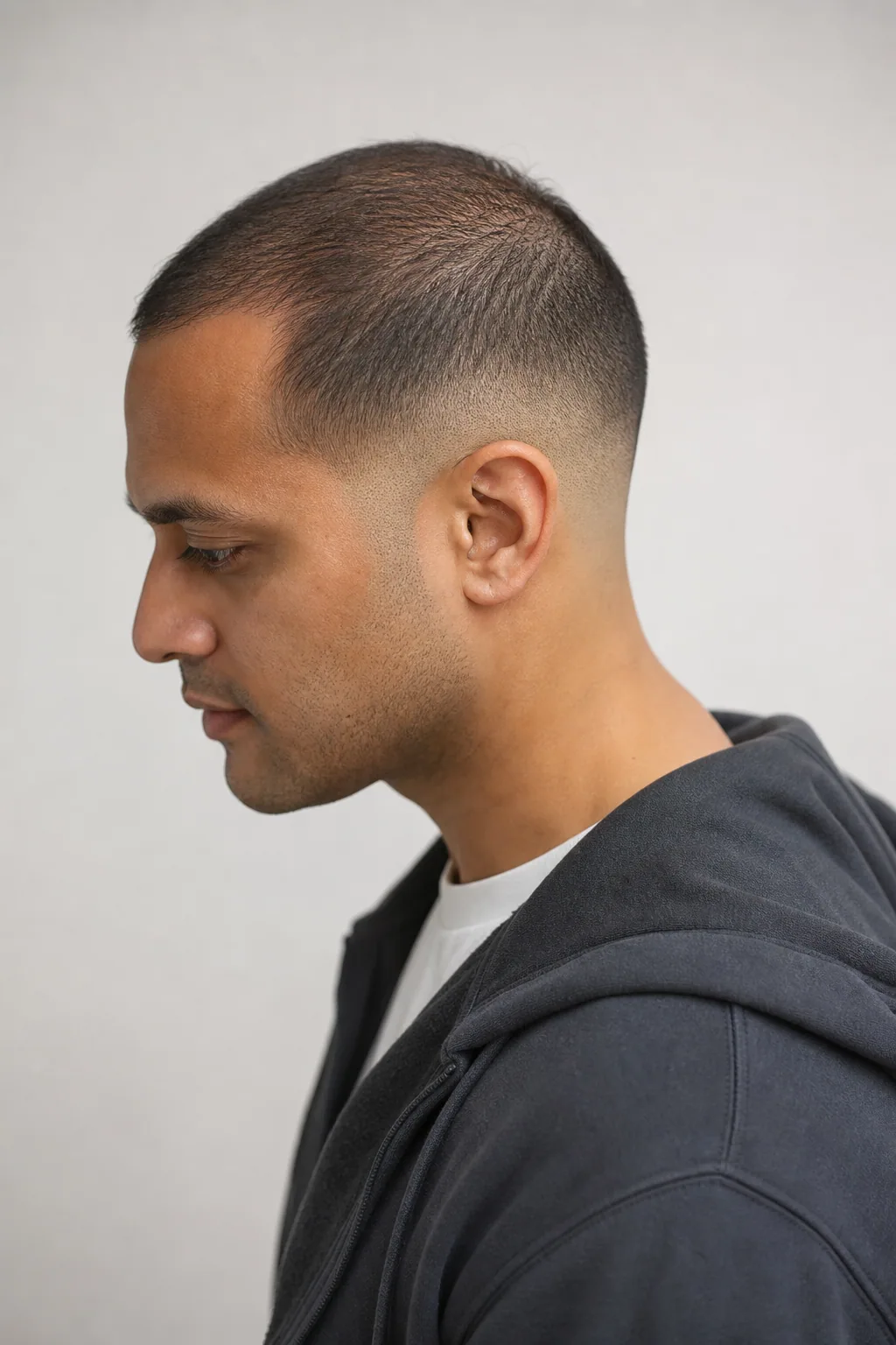 Number 2 buzz cut with a low fade on thinning brown hair
