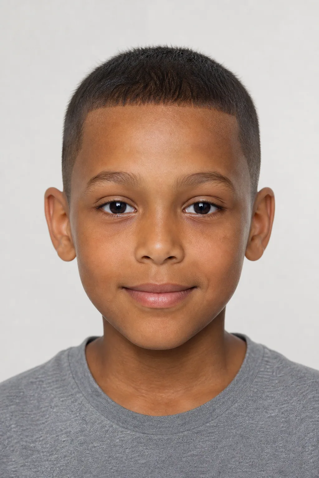 Ten-year-old boy with a short Caesar cut on thin dark hair