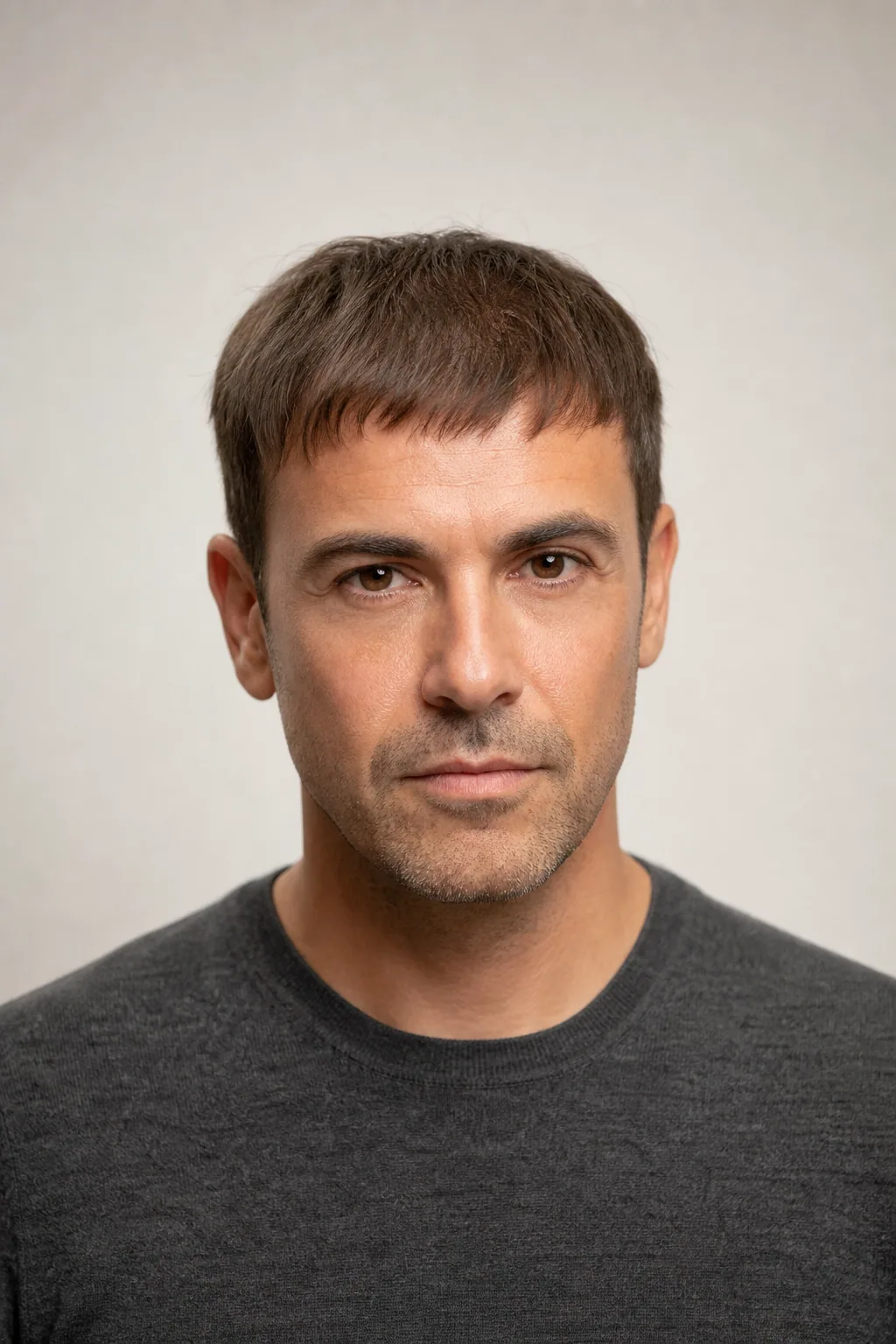 Caesar cut with a short straight forward fringe on thin hair