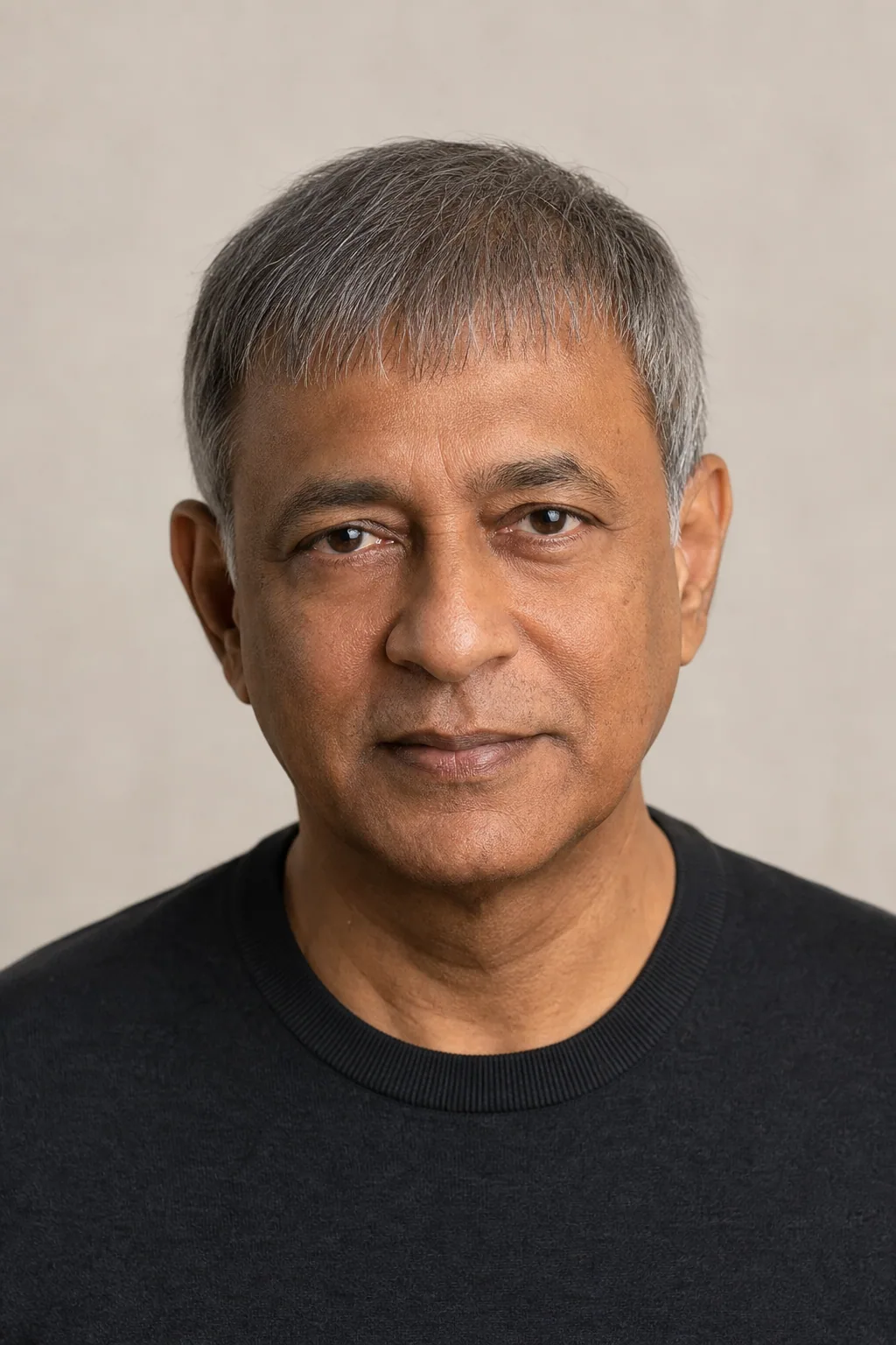 Caesar cut with a short forward fringe on a man with thinning grey hair