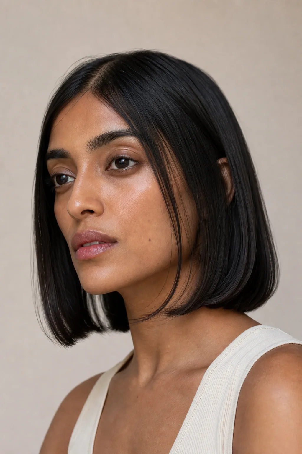 Center-part '90s lob worn straight with ends tucked under on fine hair