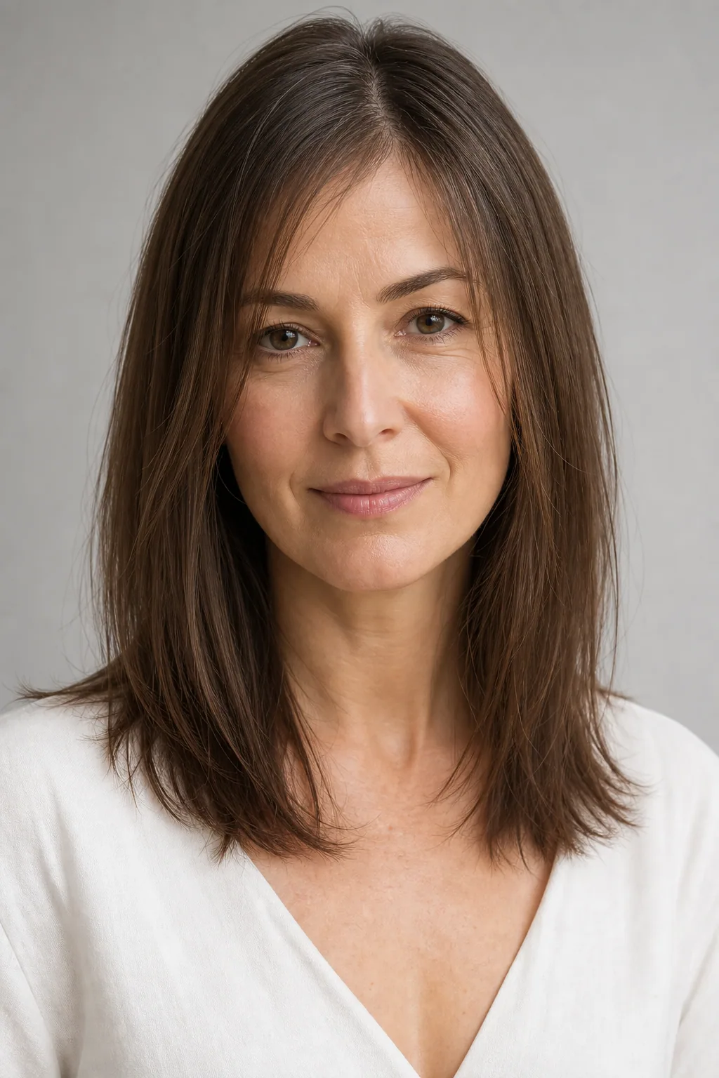 Centre-parted mid-length cut with symmetrical fall on fine straight brown hair, woman with an oval face